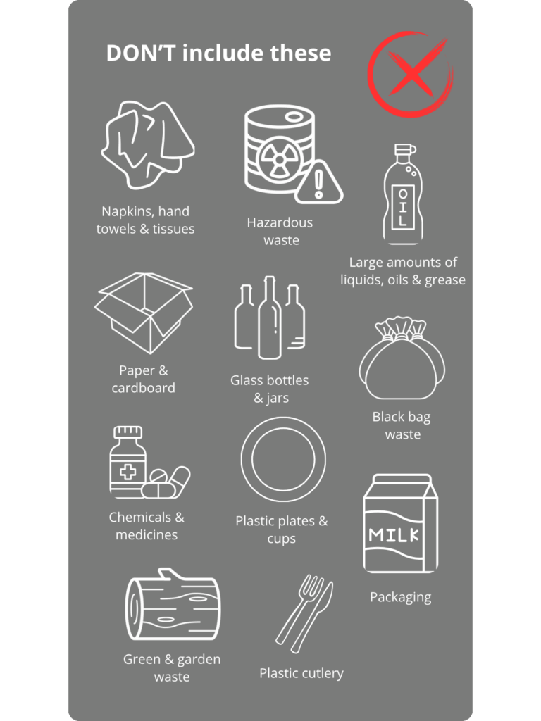 A food waste specification infographic illustrating which items cannot be placed in a commercial food waste bin