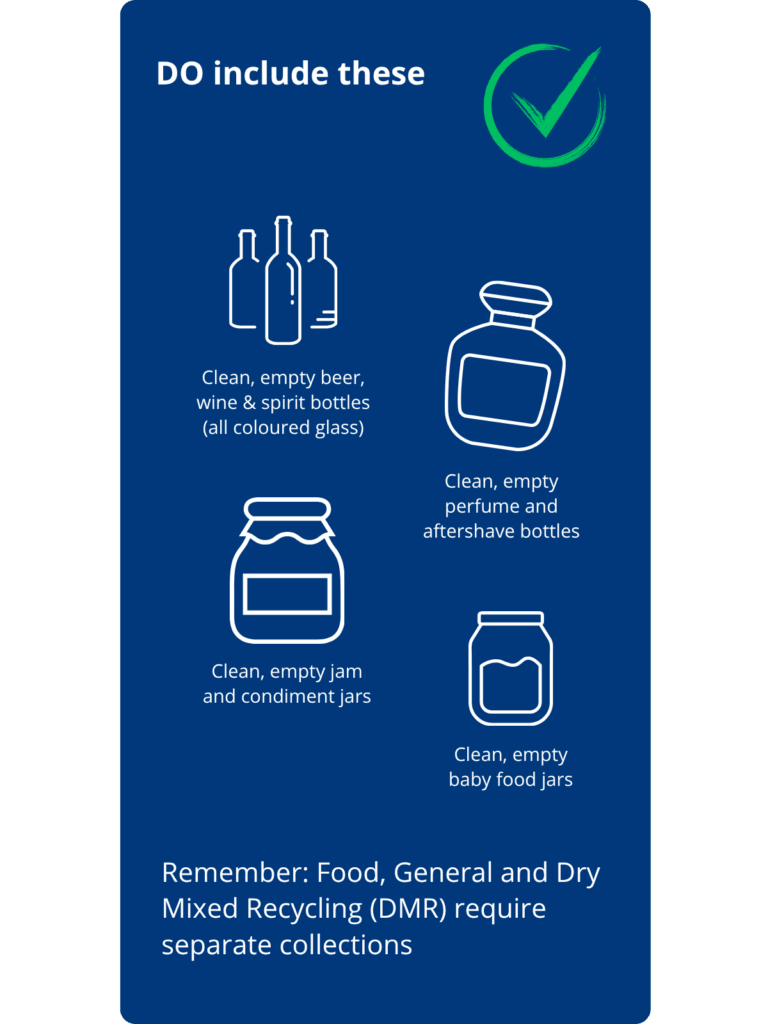 A glass waste specification infographic illustrating which items can be placed in a commercial glass waste bin