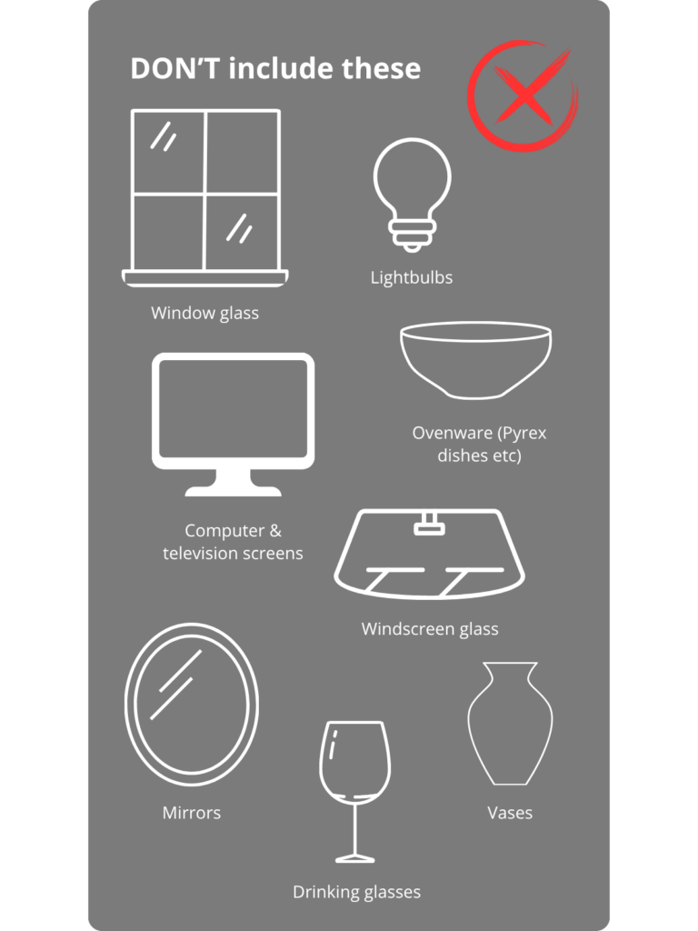 A glass waste specification infographic illustrating which items cannot be placed in a commercial glass waste bin
