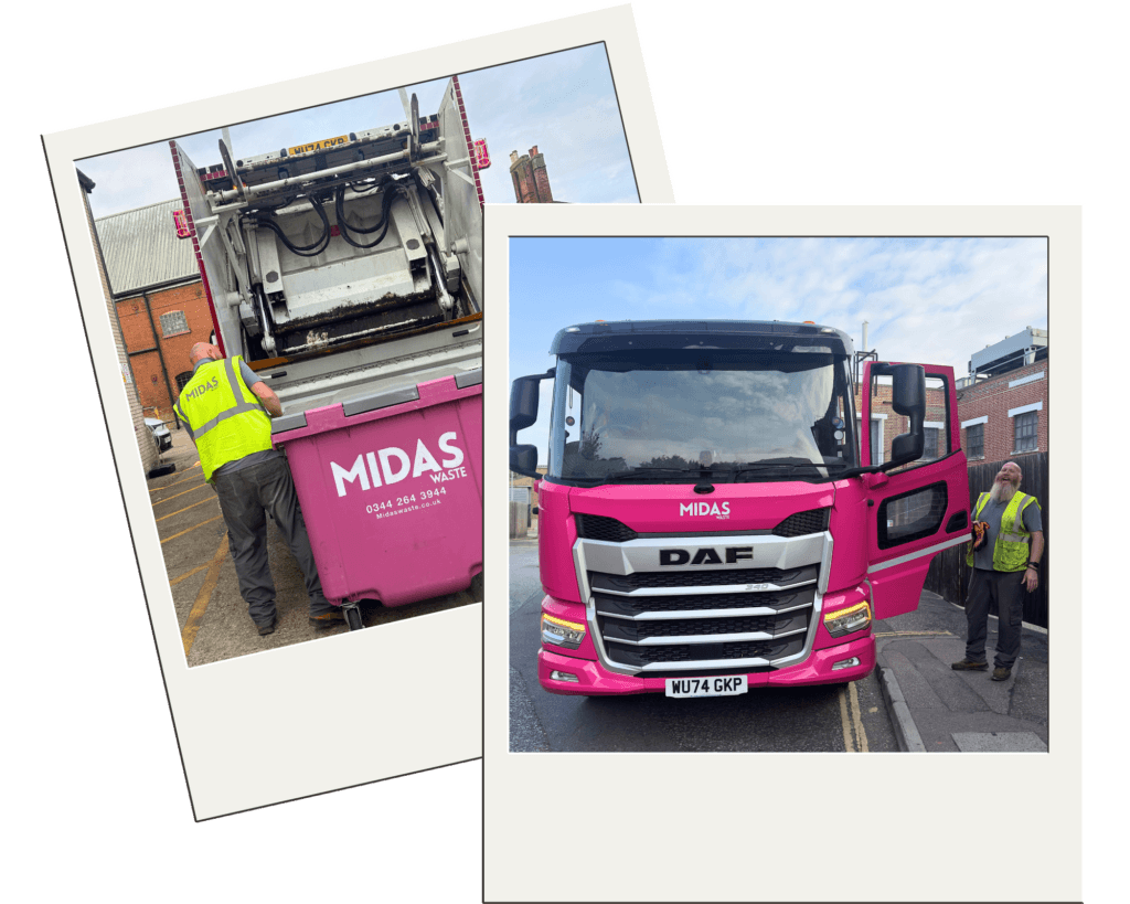 A pair of polaroid images featuring a Midas Waste duscart and driver carrying out waste collections in Kent