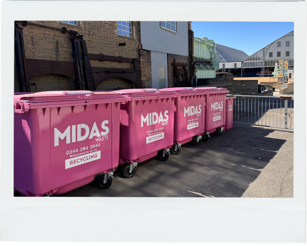 A row of Midas Waste bins on site at The Historic Dockyard Chatham in Kent