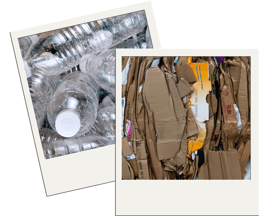 Two polaroid images – one showing clean, empty plastic bottles and another showing stacked cardboard, both examples of Dry Mixed Recycling (DMR) collected by Midas Waste